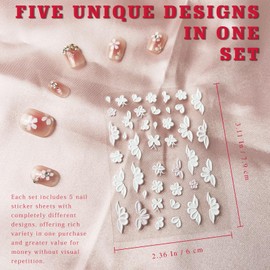 Embossed White Floral Nail Stickers Set – 5 Sheets Self-Adhesive 3D Flower & Butterfly Nail Decals for Spring Manicure and Elegant Nail Art