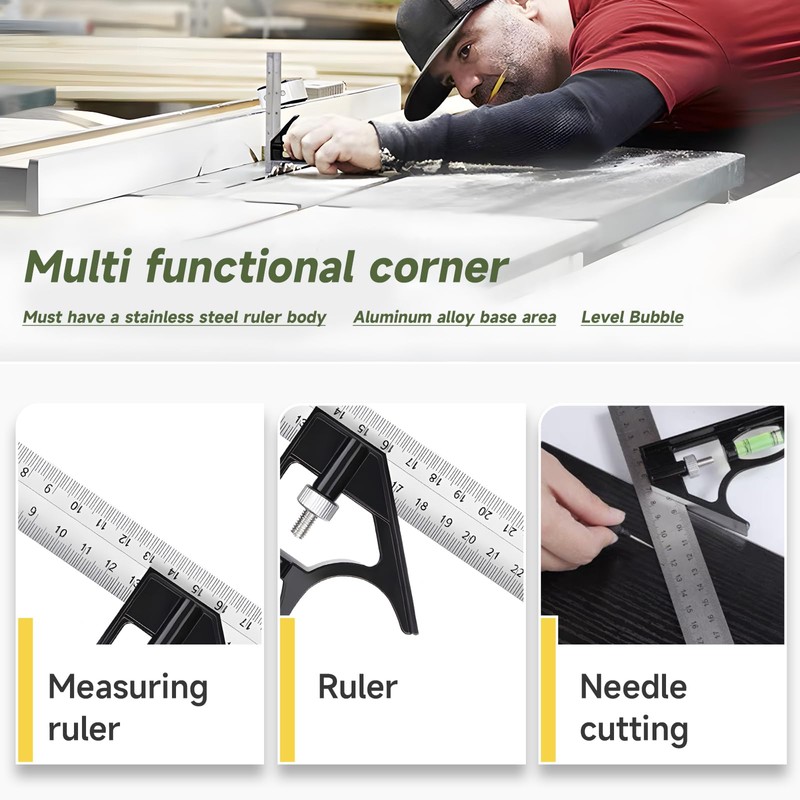 Set Square 300mm/12Inch - Stainless Steel Combination Square with Bubble
