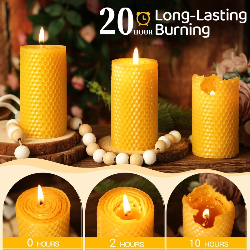3 Pack Natural Beeswax Pillar Candles,Handmade Pure Beeswax Rolled Candle-60