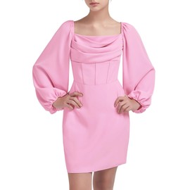 EXARUS Girls Homecoming Graduation Dress Teens Party Formal Dance Lantern Sleeve Ruched Cowl A-line Dresses Pink 12 Years