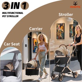 NUGUTIC Pet Stroller with 4 Wheels, Dog Stroller with Detachable Carrier, One-Click Folding Pet Travel Carrier for Small, Medium Dogs Cats up to 50lbs, 3 in 1 Multifunctional (Brown‌)