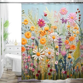 MACOFE Vibrant Botanical Garden Blooms Floral Shower Curtain, Flower and Verdant Foliage Design Fabric Bathroom Decor, Waterproof & Washable Shower Curtain Set with Hooks, Navy Blue, 72x72 Inch