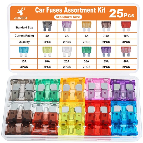 JOREST 25pcs Car Fuses, For Car/Truck/Motorcycle (2A 3A 5A 7.5A