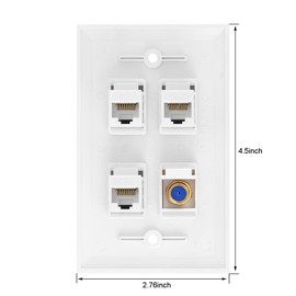 Ethernet Coax Wall Plate, 3 Port Cat 6 RJ45 Keystone and 1 Port TV Coax F Type Keystone Wall Outlet