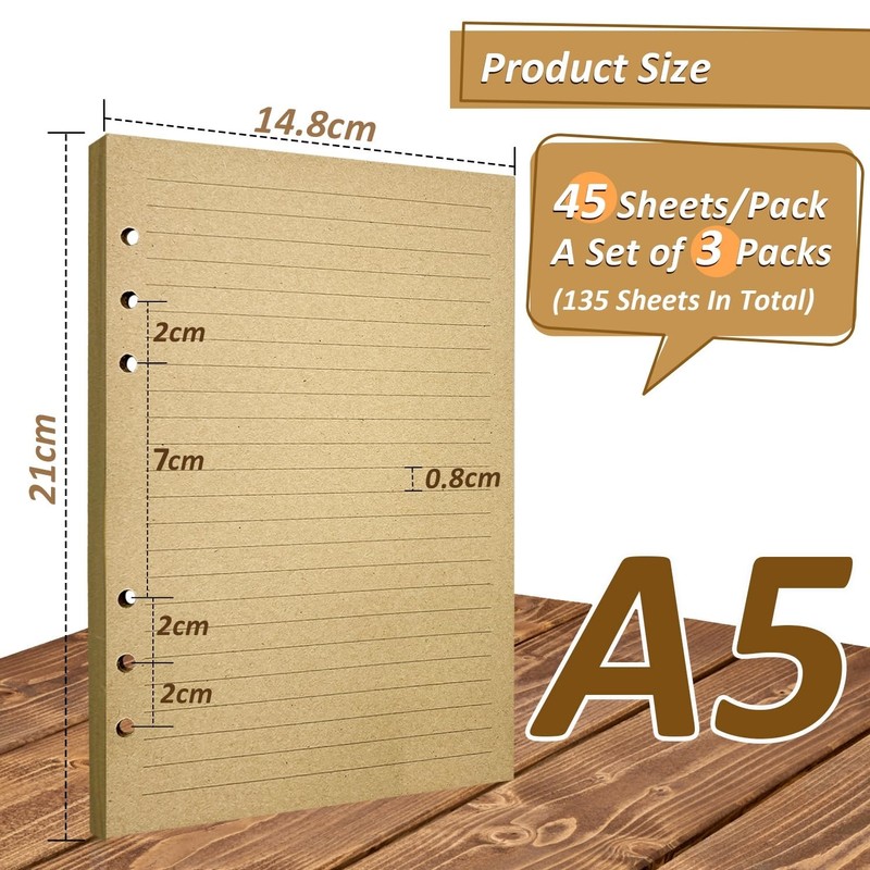 A5 Refill Paper Lined Paper, 3 Pieces, 6 Holes Ring