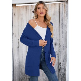 Heymoments Lightweight Open-Front Cardigan Sweater for Women Long Sleeve Causal Button Down Soft Outwear Tops with Pocket Klein Blue M