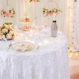 Fanqisi White Round Tablecloth 3D Rosette Sequin Satin Table Cloths 90 Inch Spring Table Cover for Wedding Anniversary Outdoor Ceremony Birthday Party Decorations
