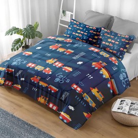 Pamnest Comforter Set Full Size, Cute Train Car Soft 3 Pcs Bedding for Kids and Adults, Blue Vehicle Tractor Comforter Set with 2 Pillowcases for Bedroom Bed Decor