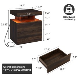 HOMMPA LED Nightstand with Wireless Charging Station Dark Walnut Wood Bedside Table with Led Light Smart Nightstand USB Port Type C Night Table with 2 Drawers Mid Century LED Night Stand for Bedroom