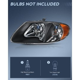 Nilight Headlight Assembly for 2001 2002 2003 2004 2005 2006 2007 Chrysler Town & Country 2001-2003 Voyager 2001-2007 Dodge Grand Caravan Replacement Black Housing Amber Reflector