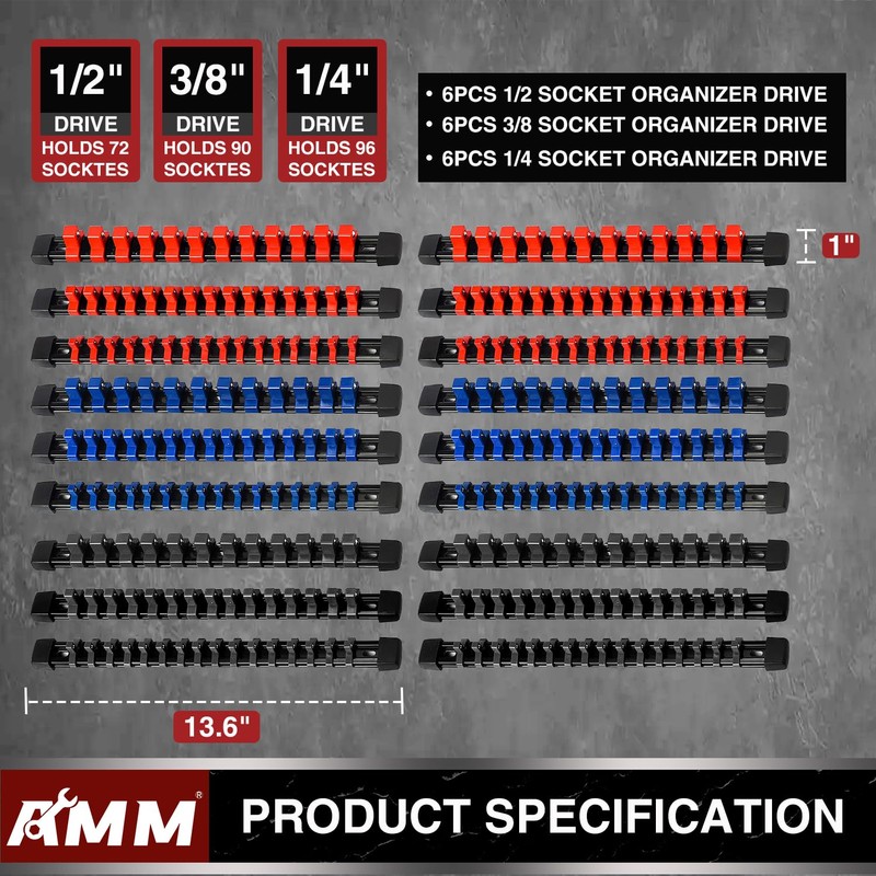 AMM 18-Piece Socket Organizer, 1/2 inch, 3/8 inch and 1/4