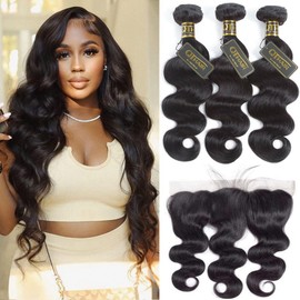 QTHAIR Paquetes de cabello humano ondulado de grado 12A con encaje frontal brasileño ondulado con encaje frontal de color transparente de 13 x 4 de oreja a oreja con paquetes ondulados (12, 14, 14+10 frontal, color natural)