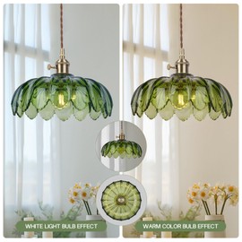 CLARSYNE Vintage Green Glass Pendant Light Fixture with Switch, Gold Hanging Lamp for Kitchen Island, Dining Room, Bedroom, Farmhouse, Industrial, Modern Ceiling Lighting, Rustic Flower Lantern