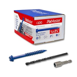 FixMaster 1/4 x 2-3/4" Tornillos de anclaje de cabeza hexagonal azul para concreto (Kit de 100 tornillos) con un destornillador y broca para fijación en concreto, mampostería, bloque, ladrillo y