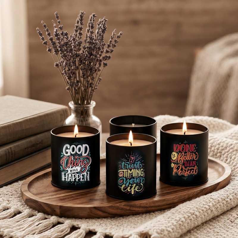 12 Pack Inspirational Black Candle Tins with Lids, 10 oz