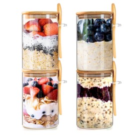 Linkidea 4 Pack Overnight Oats Glass Containers Set, 18.5 oz Overnight Oats Jars with Lid and Spoon, Meal Prep Glass Containers with Lids Fits Oats/Yogurt/Cereals Storage
