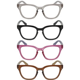 Calabria R860 4 PACK Cat Eye Reading Glasses +1.50 Grey Crystal/Black/Pink/Brown Womens Trendy Modern Readers w/Zipper Case