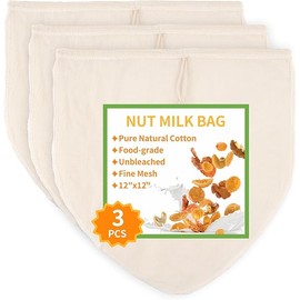 3 Pcs 12"x12" Nut Milk Bag, Natural Unbleached Cotton Cheese Cloth Bag for Straining, Reusable Strainer Bag for Oat Almond Milk, Cheese Making, Yogurt, Juice, Cold Brew Coffee, Beer Tea (12x12 Inch)
