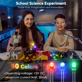 ElectricWise 10 Colors 500 Pcs 5mm LED Light Emitting Diode Assorted Kit with 20M Self Adhesive Conductive Copper Foil Tape, Clear LED Light Emitting Diode Bulb LED Lamp for Science Project Experiment