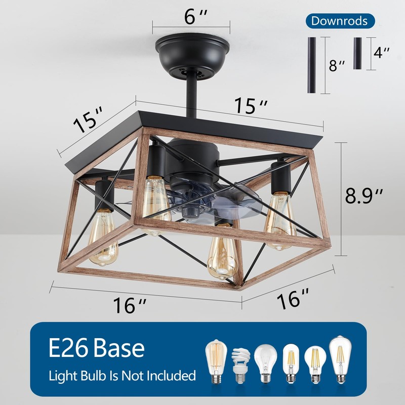 Dalouguan Farmhouse Ceiling Fan with Light, 4-Light Walnut Caged Ceiling