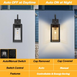 Yolsunes Black Dusk to Dawn Outdoor Wall Lantern, 19" Large Outside Modern Wall Sconce Light Fixture, Farmhouse Porch Light Wall Mount Waterproof for House