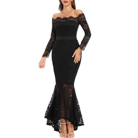LALAGEN Women's Floral Lace Long Sleeve Off Shoulder Wedding Mermaid Dress Black XL