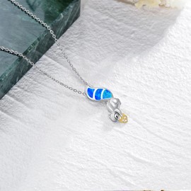Midir&Etain Squirrel Necklace 925 Sterling Silver Blue Opal Acorn Pendant Autumn Animal Jewelry Gift for Women