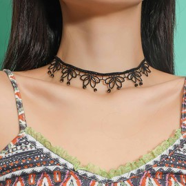 Atentuyi Boho Gothic Lotus Flower Lace Choker Black Necklace Gold Bead Tassel Necklace Rose Choker Vintage Floral Choker Collar Short Clavicle Necklace Jewelry for Women Teen