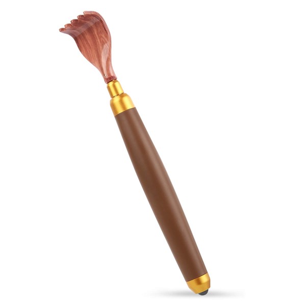 Rirether Back Scratcher - Itch-Relief Tool with Telescoping Metal Tube - Wide Ergonomically Designed Scratching Claw, Non-Slip Grip, Rolling Bead Massager - Compact and Portable (Brown)