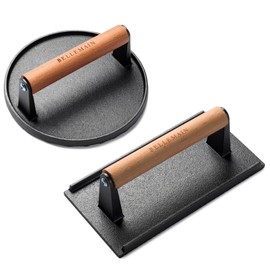 Bellemain Heavy-Duty Cast Iron Grill Press Set – Perfect Smash Burger Press & Steak Tool with Ergonomic Wood Handle for Pro-Level Searing on Griddle, Skillet, or BBQ