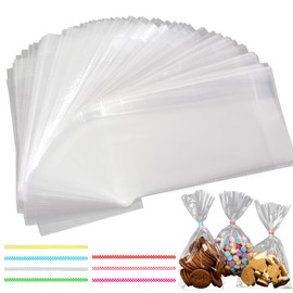 funvce 25 x 15 cm Cellophane Bags, Clear, Pack of 100, funvce Small Sweet Bags, Plastic Bags, Transparent with Metallic Ties, for Party Bags, Children's Birthday Party Favours