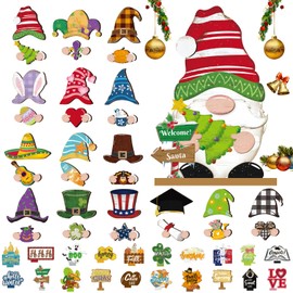 Yalikop 62 Pcs Interchangeable Wooden Gnome Decor Interchangeable Gnome Sign DIY Holiday Seasonal Tiered Tray Decor Set with Magnet Detachable Gnome Table Decor for Summer Spring Home Centerpieces