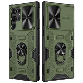 VEGO Funda para Galaxy S22 Ultra Kickstand S22 Ultra con Cubierta de Lente Deslizante, Soporte de Anillo Giratorio de 360° Integrado, Funda magnética para Montaje en Coche para Galaxy S22 Ultra-Verde