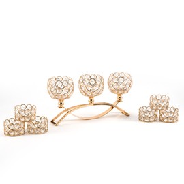 VINCIGANT Gold Crystal Candle Holders Decorative Candelabra 3 Arms with 6Pcs Tea Light Candle Holders for Wedding,Anniversary Center Pieces,Dinner Party Table Decor Candles Centro de mesa para boda