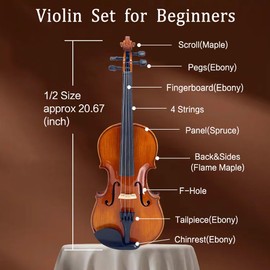 YoungMonic 1/2 Violin Set for Beginners Handmade Acoustic Violins Set Fiddle Kit with Rosin Shoulder Rest Bow Bridge Hard Case and Extra 4strings