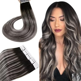 Hetto Remy Real Hair Tape-In Extensions, Balayage, Black with Grey, Black No. 1B/Silver/1B 50 g, 60 cm