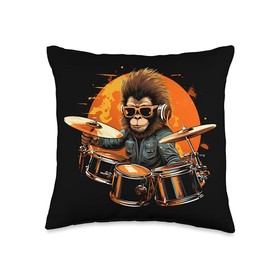 Monkey Playing Drums - Animal Monkey Lover Drum set Throw Pillow