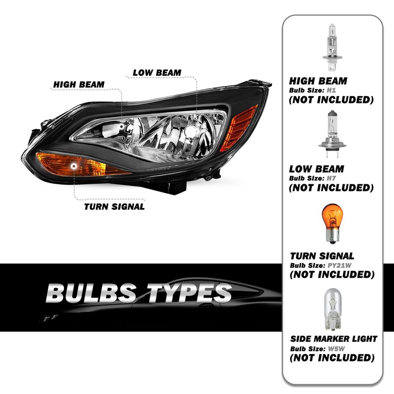SOCKIR Black Housing Headlight Assembly Fit for 2012-2014 Ford Focus
