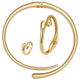 KOLODOGO 3PCS Jewelry Set Chunky Teardrop Choker Necklace Open Cuff Bracelet Adjustable Ring Gold Statement Set for Women