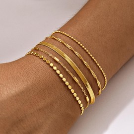 Striviio Gold Bracelets for Women, 14K Gold Plated Stackable Bracelet Stack Set Adjustable Charm Small Square Chain Snake Link Layered Waterproof Jewelry Sets Gifts