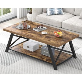 EXCEFUR Modern Coffee Table, Wood and Metal Living Room Center Table with Storage Shelf, Industrial Rectangle Cocktail Tea Table, Rustic Brown, 47 Inch