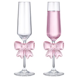 Reallnaive 2 Pcs Cute Pink Bow Glass Cups 8oz Coquette Champagne Fashioned Glasses Clear Reinforced Stems and Romantic Pink Bow for Weddings Engagements Party Gifts(Flat Bottom)(Cute Feet)