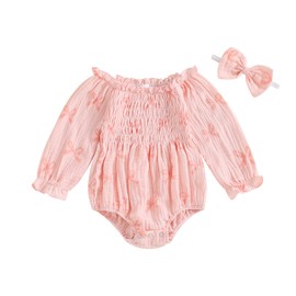 Ayalinggo Baby Girl Cotton Bubble Romper Smocked Muslin Rompers Bow Print Ruffle Outfit Newborn Fall Clothes+Headband (Bow Soft Pink, 12-18 Months)