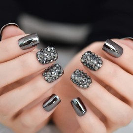LINSSQ Metallic Mirror Grey Black Press on Nails with 3D Rhinestones, Short Squoval False Nails, Beauty Manicure Kits Reusable Fake Finger Stones Nail Art Tips for Daily Office Party