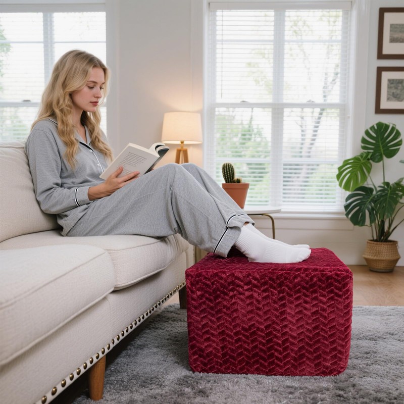 Furry Square Pouf Ottoman Foot Rest, Redwine, 20"x14"
