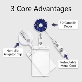 Fashion Camelia Design Retractable Badge Holder with Vertical Card Holder,360 Degree Swivel Aligator ID Badge Reel Clip with Pearl(1PC) (Royal Blue)