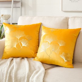 JOTOM Pack of 2 Cushion Covers 45x45cm Cozy Velvet Decorative Throw Pillow Covers Gold Ginkgo Leaves Bronzing Pillow Cases Square Cushion Cover for Couch Bedroom Living Room Sofa Car Decor (Yellow)