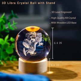 QIANCHANG Libra Crystal Ball with Wooden Light Base, 60mm 3D Laser Etched Constellation Glass Sphere Decorative Balls Paperweight Gift