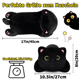 Yamepuia Weighted Stuffed Animal, 45 cm Black Cat Weighted Cuddly Toy, Kawaii Weight Stuffed Toy, Cat Plush Toy, Cat Cuddly Toy Gifts for Children (Black, 45 cm)
