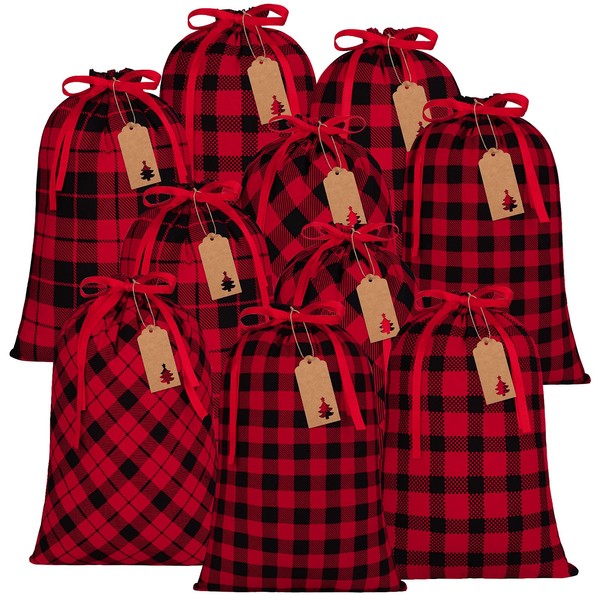 Aneco 10 Pack Buffalo Plaid Christmas Gift Bags Red and Black Wrapping Drawstring Bag with 24 Kraft Tags 11.8 x 15.7 Inch Present Bag for Christmas Candy Goodie Holiday Favors, 6 Designs